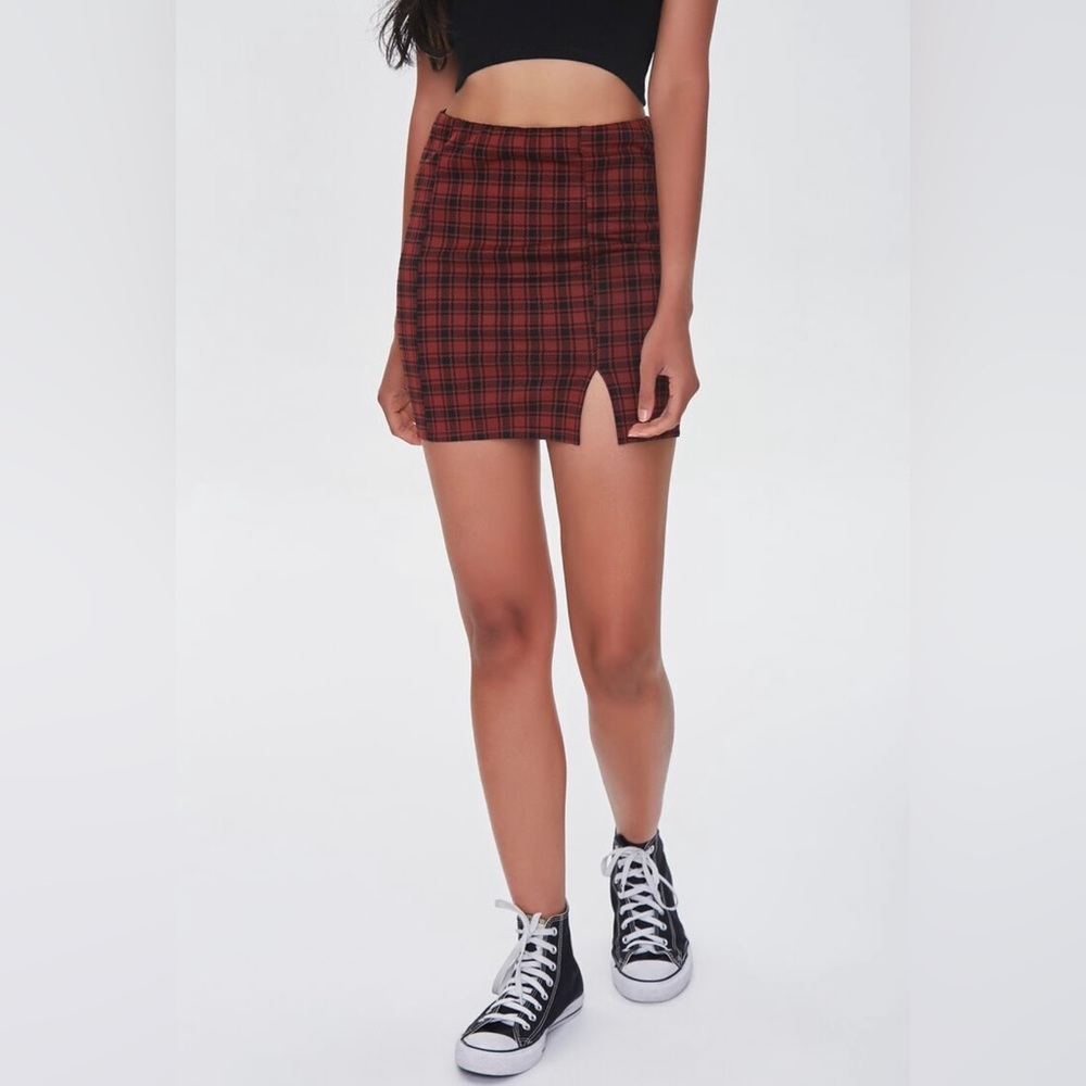Red Plaid Slit Mini Skirt